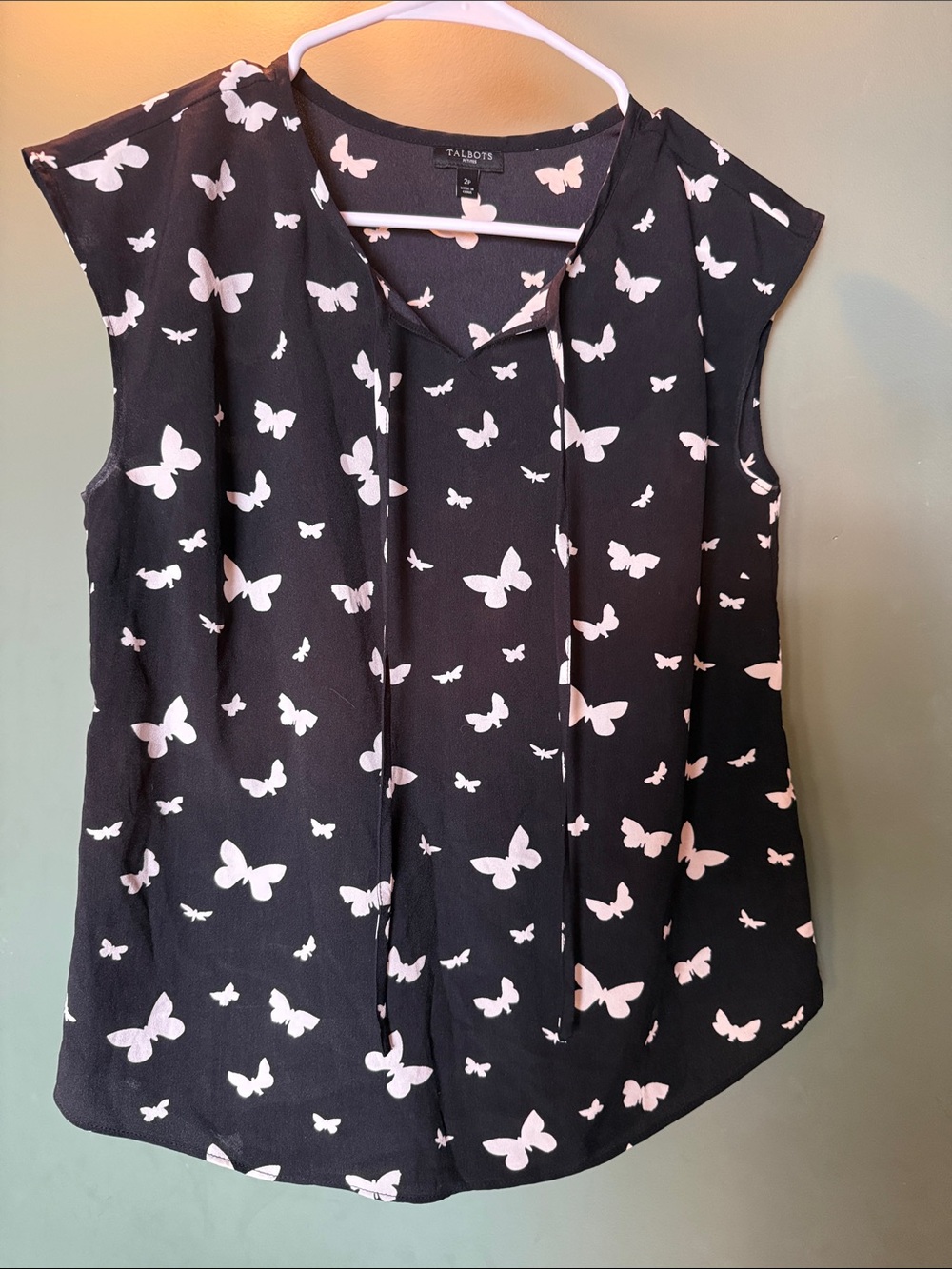 Talbots Black Camisole with White Butterfly Print and Tie Neck